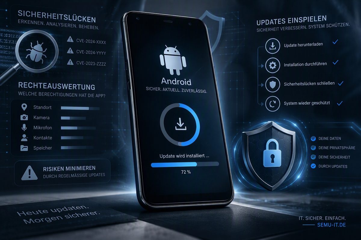 Illustration: Android-Smartphone installiert ein Sicherheitsupdate, daneben ein Schild mit Schloss