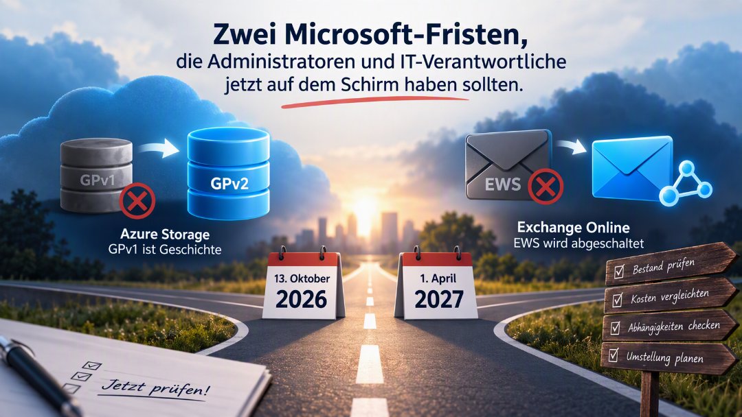 Illustration: Zwei Microsoft-Fristen – Azure Storage GPv1 zu GPv2 bis 13. Oktober 2026 und Abschaltung von Exchange EWS bis 1. April 2027