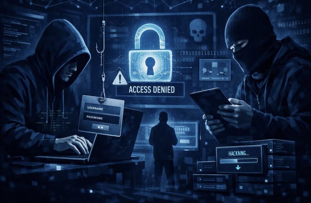Illustration: Hacker greifen Zugangsdaten ab, in der Mitte ein Schloss mit „Access denied“