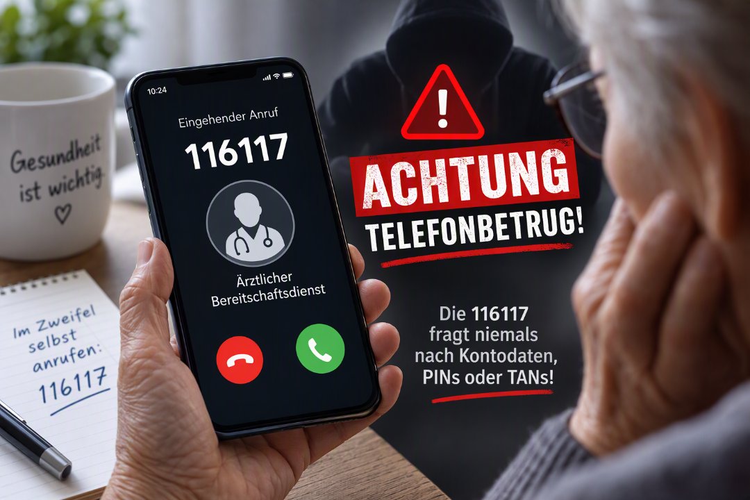 Illustration: Eine ältere Person hält ein Smartphone mit eingehendem Anruf „116117 – Ärztlicher Bereitschaftsdienst“, daneben der Hinweis „Achtung Telefonbetrug! Die 116117 fragt niemals nach Kontodaten, PINs oder TANs!“