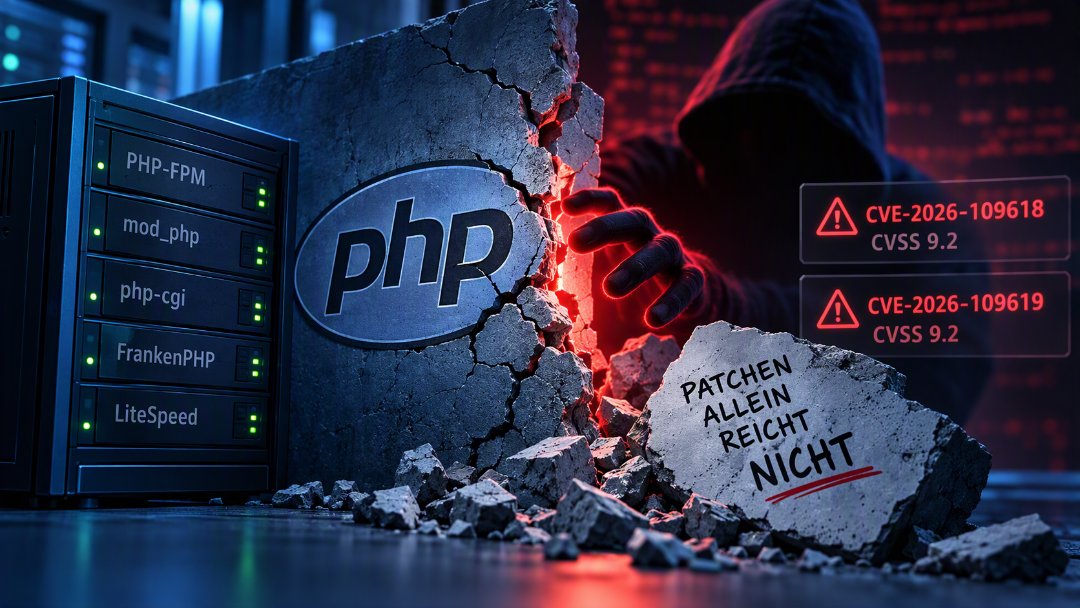 Illustration: Eine Mauer mit PHP-Logo bricht auf, daneben Server mit PHP-FPM, mod_php, php-cgi, FrankenPHP und LiteSpeed sowie Warnhinweise zu CVE-2026-109618 und CVE-2026-109619