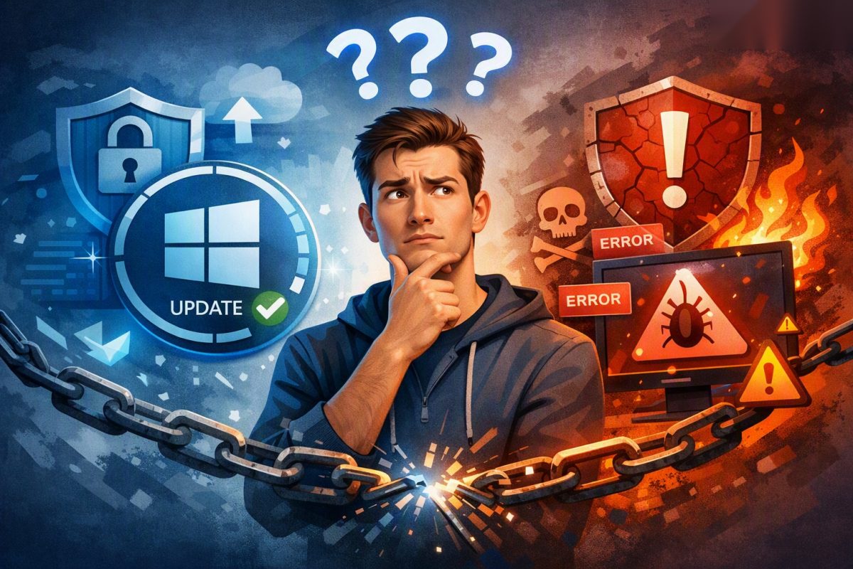 Illustration: Nachdenklicher Mann zwischen erfolgreichem Windows-Update und Fehlermeldungen